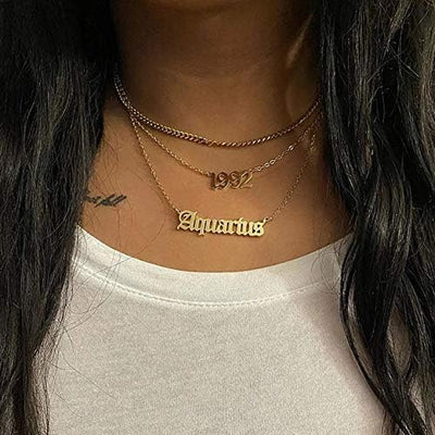 Zodiac Necklaces for Women Old English Necklace Horoscope Constellation Necklace Astrology Jewelry Stainless Steel Zodiac Jewelry 14.2"+2.75" (Gold, A: Aquarius Necklace (1.20-2.18))