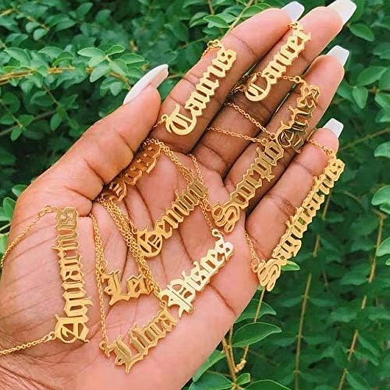 Zodiac Necklaces for Women Old English Necklace Horoscope Constellation Necklace Astrology Jewelry Stainless Steel Zodiac Jewelry 14.2"+2.75" (Gold, A: Aquarius Necklace (1.20-2.18))