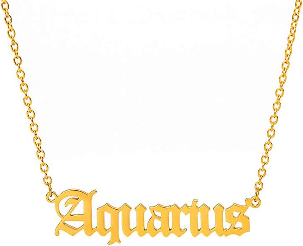 Zodiac Necklaces for Women Old English Necklace Horoscope Constellation Necklace Astrology Jewelry Stainless Steel Zodiac Jewelry 14.2"+2.75" (Gold, A: Aquarius Necklace (1.20-2.18))
